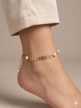 Gold Leaf Pearl Bracelet/Anklet | Delicate Wheat Chain Adjustable